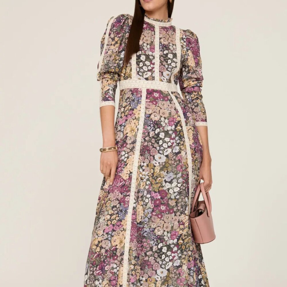 Especia Maxi Dress Fit Flare Floral Lace Puff 3/4 Sleeve A Line Full Large Women